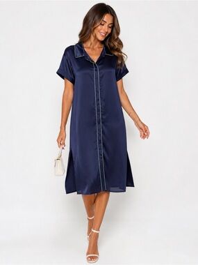 NWT Wildfang Blue The Empower Satin Midi Shirt Dress With Green Trim SZ L